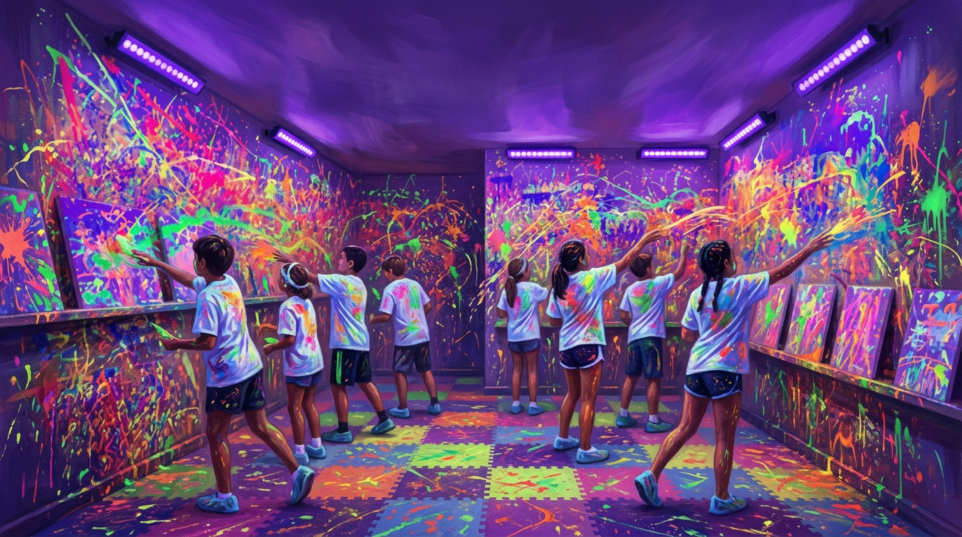 An illustrated glow-paint room with kids flinging neon paint at the walls