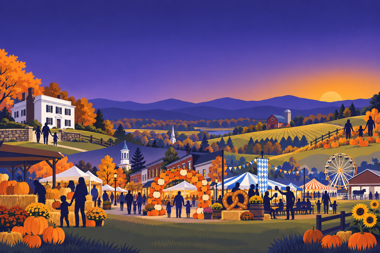 An illustrated Loudoun weekend scene with farms, a town street, a fair and families at dusk