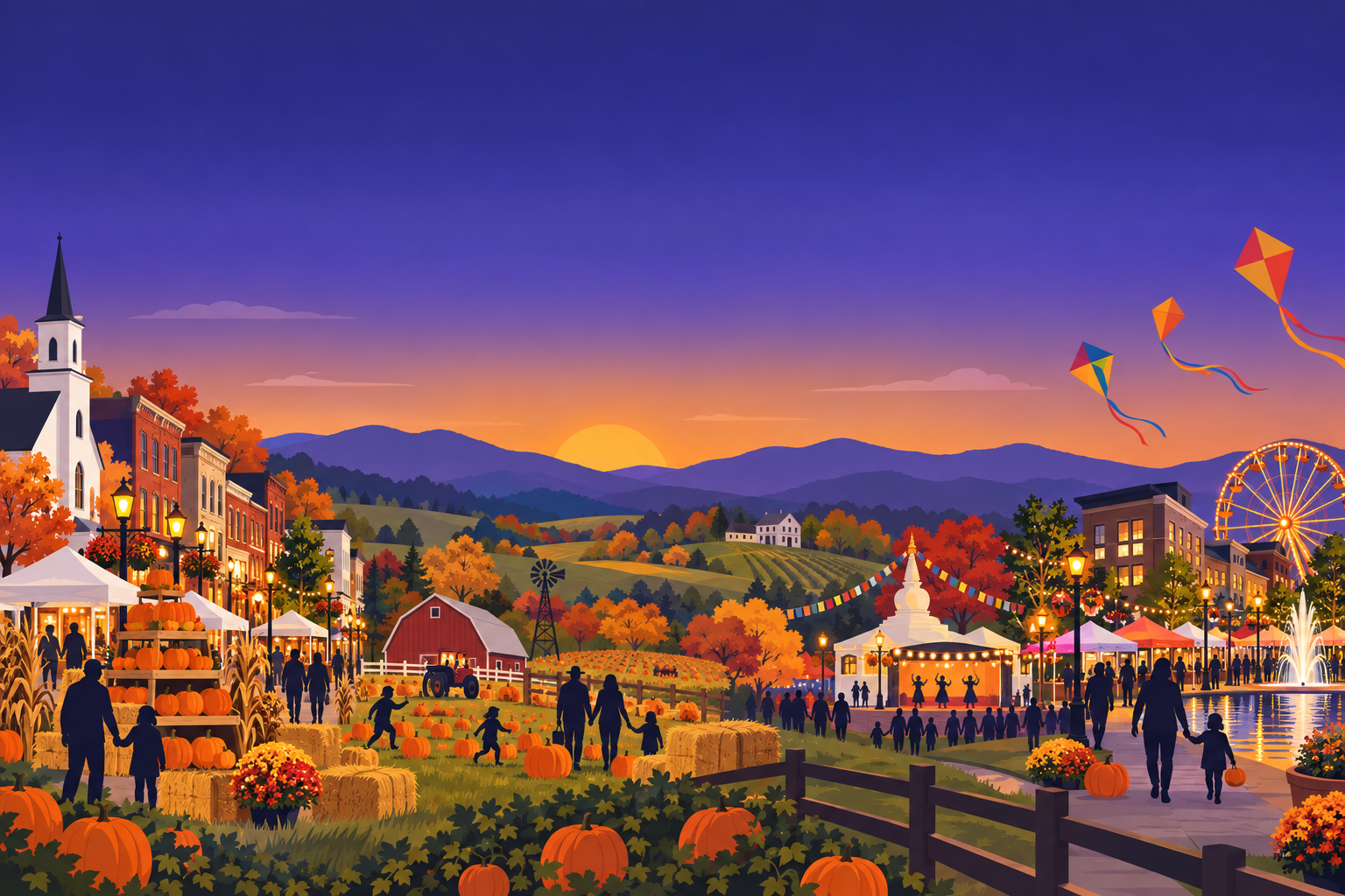 An illustrated Loudoun weekend scene with farms, a town street, a fair and families at dusk
