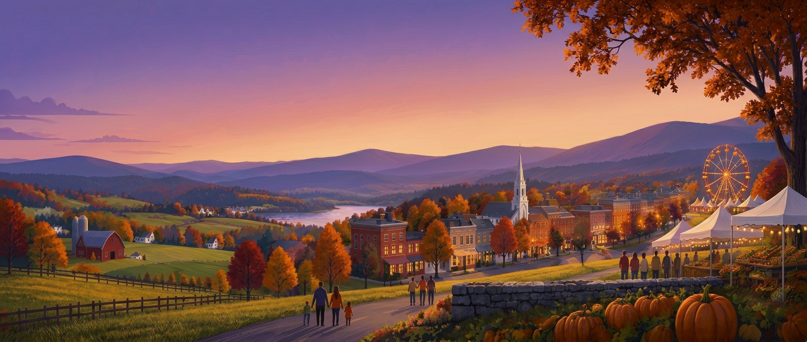 An illustrated view across Loudoun towns and countryside at dusk