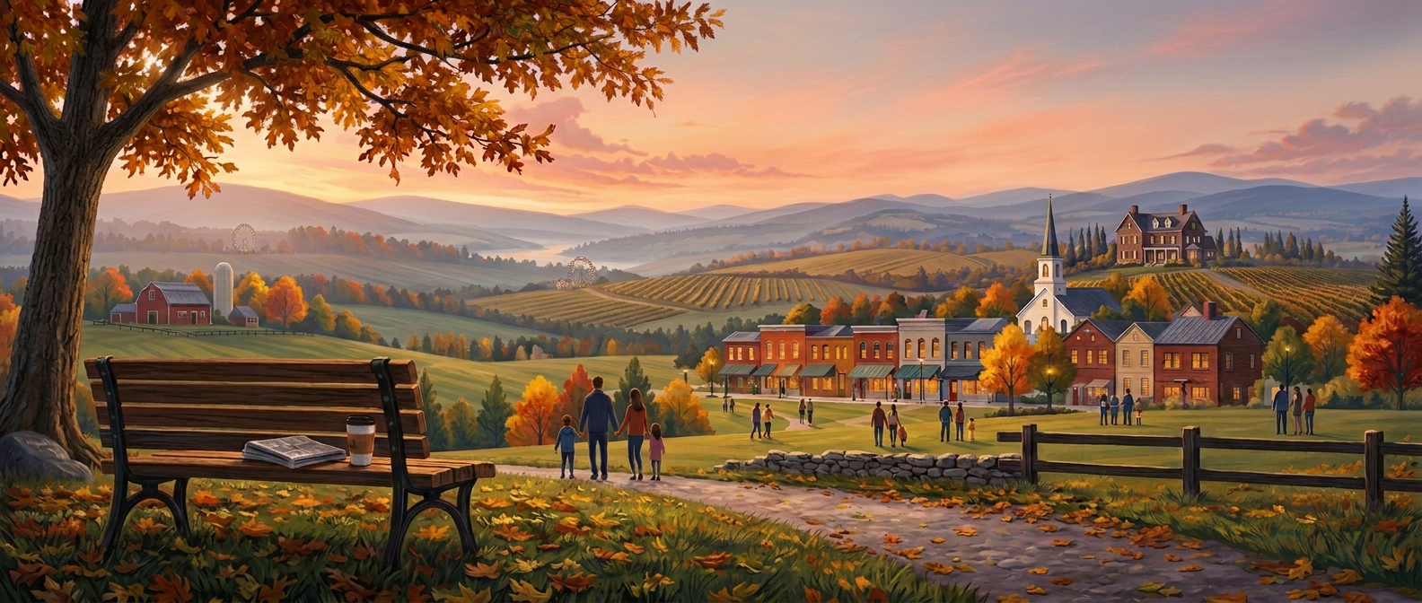 An illustrated Loudoun dusk scene with a park bench, newspaper, coffee, families, and a town at sunset