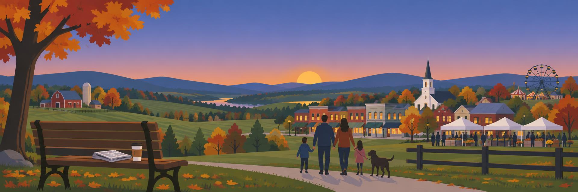 An illustrated Loudoun dusk scene with a park bench, newspaper, coffee, families, and a town at sunset
