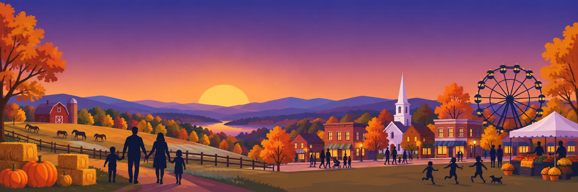 An illustrated Loudoun weekend scene with farms, a town street, a fair and families at dusk