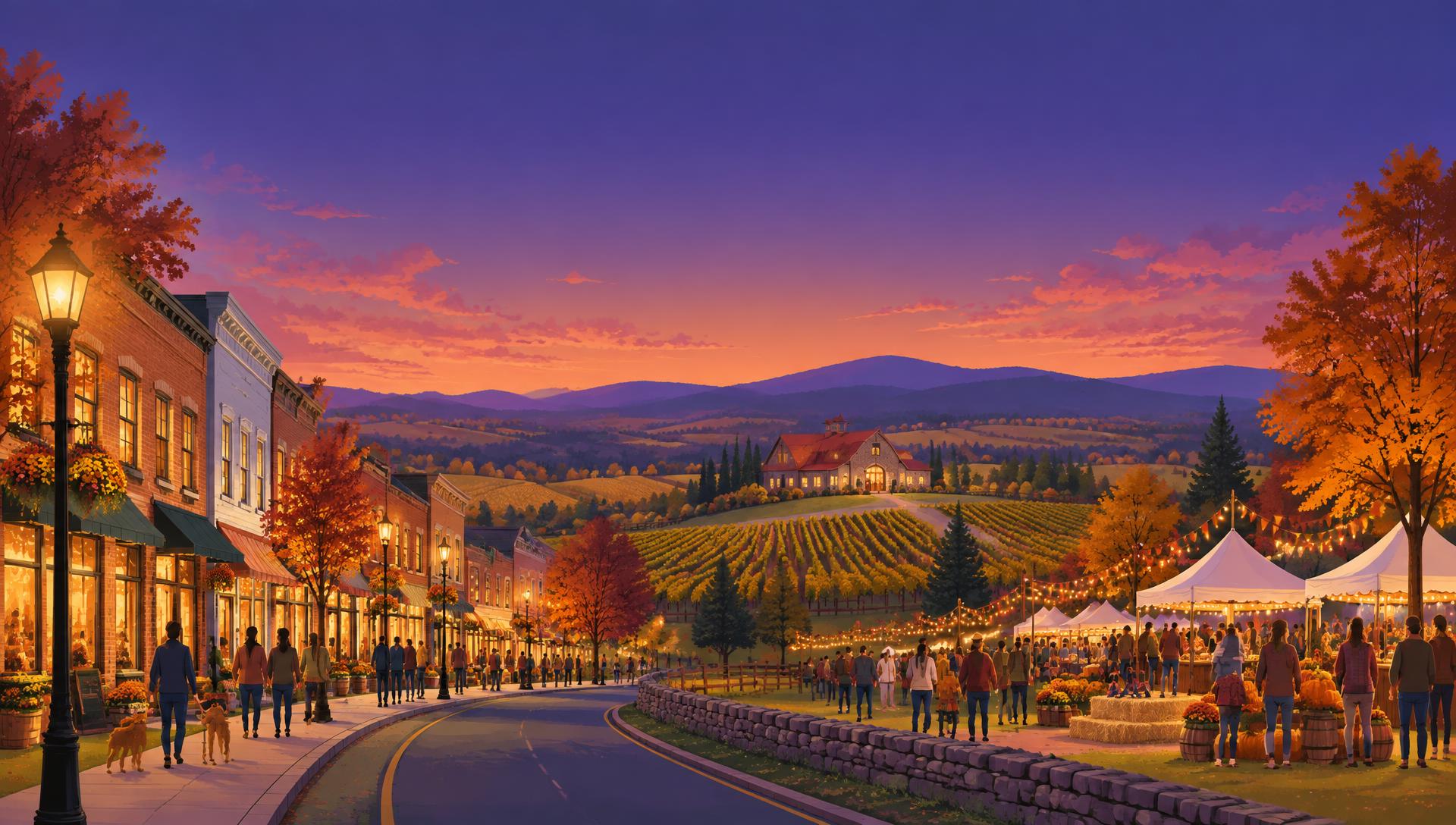 An illustrated family exploring an autumn evening market in Loudoun