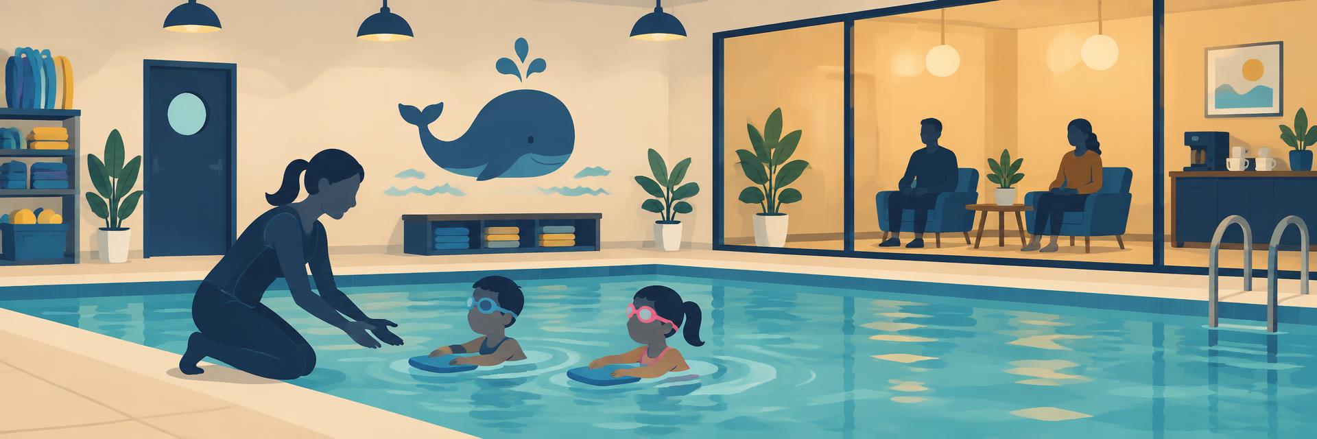 An illustrated indoor swim school with children in the water and parents watching from behind glass
